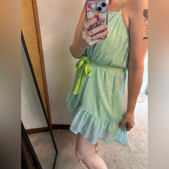 NWT Strut and Bolt Lime Aqua Tiered Chiffon Mini Dress - Picture 5 of 11